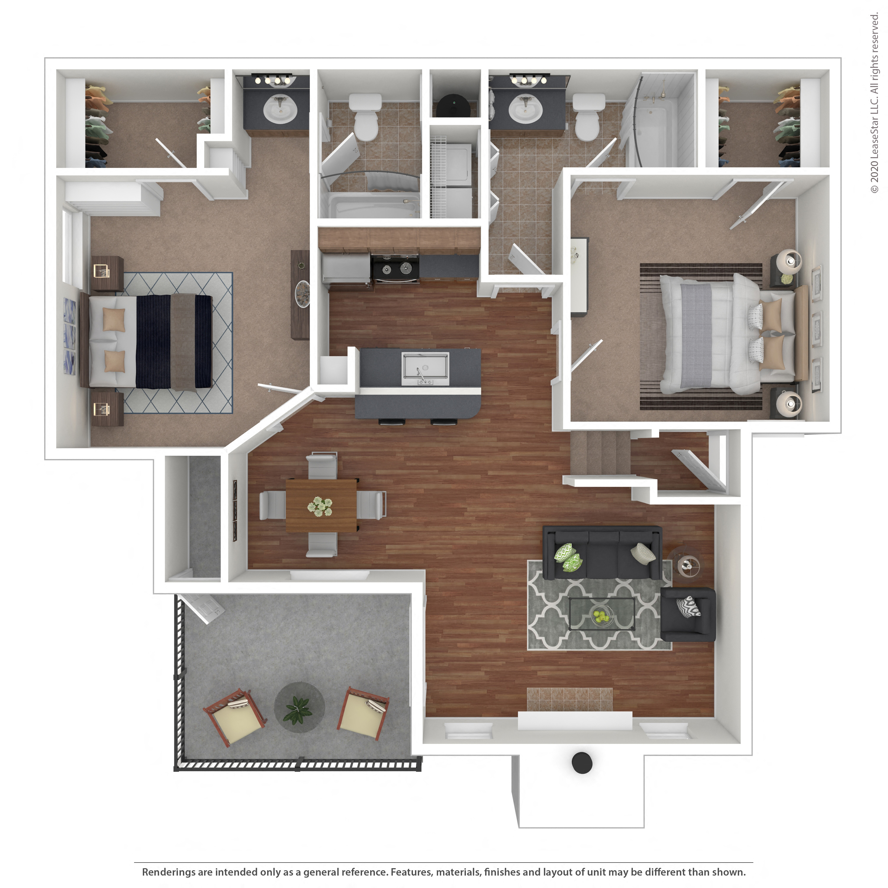Floor plan for 2 beds, 2 baths, 1000 sqft